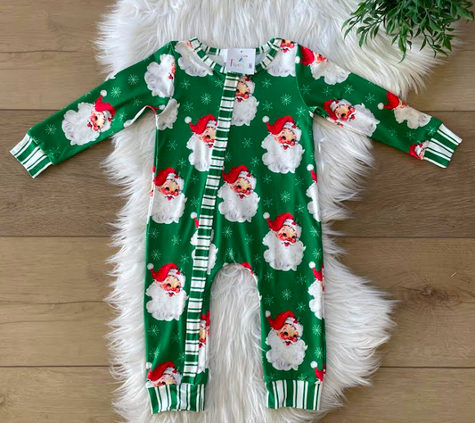 Green Vintage Santa Zipper Romper