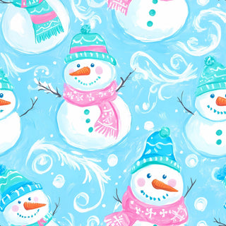 Pattern of cartoon snowmen with colorful hats and scarves on a blue background.