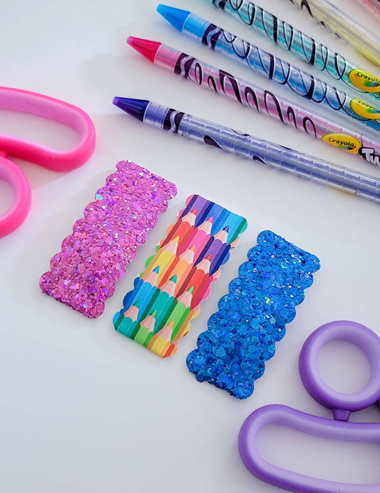 Colorful Pencils 2.5 inch Rectangle Scallop Snap Clip 3 pack