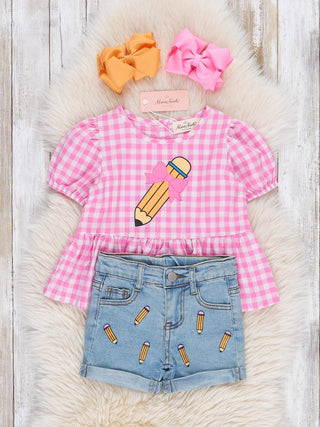 Gingham Bow Pencil Denim Outfit