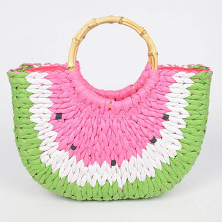 Woven handbag with watermelon pattern on a white background