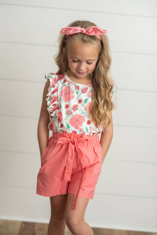 Coral Pink Floral Ruffle Summer Pocket Short Set