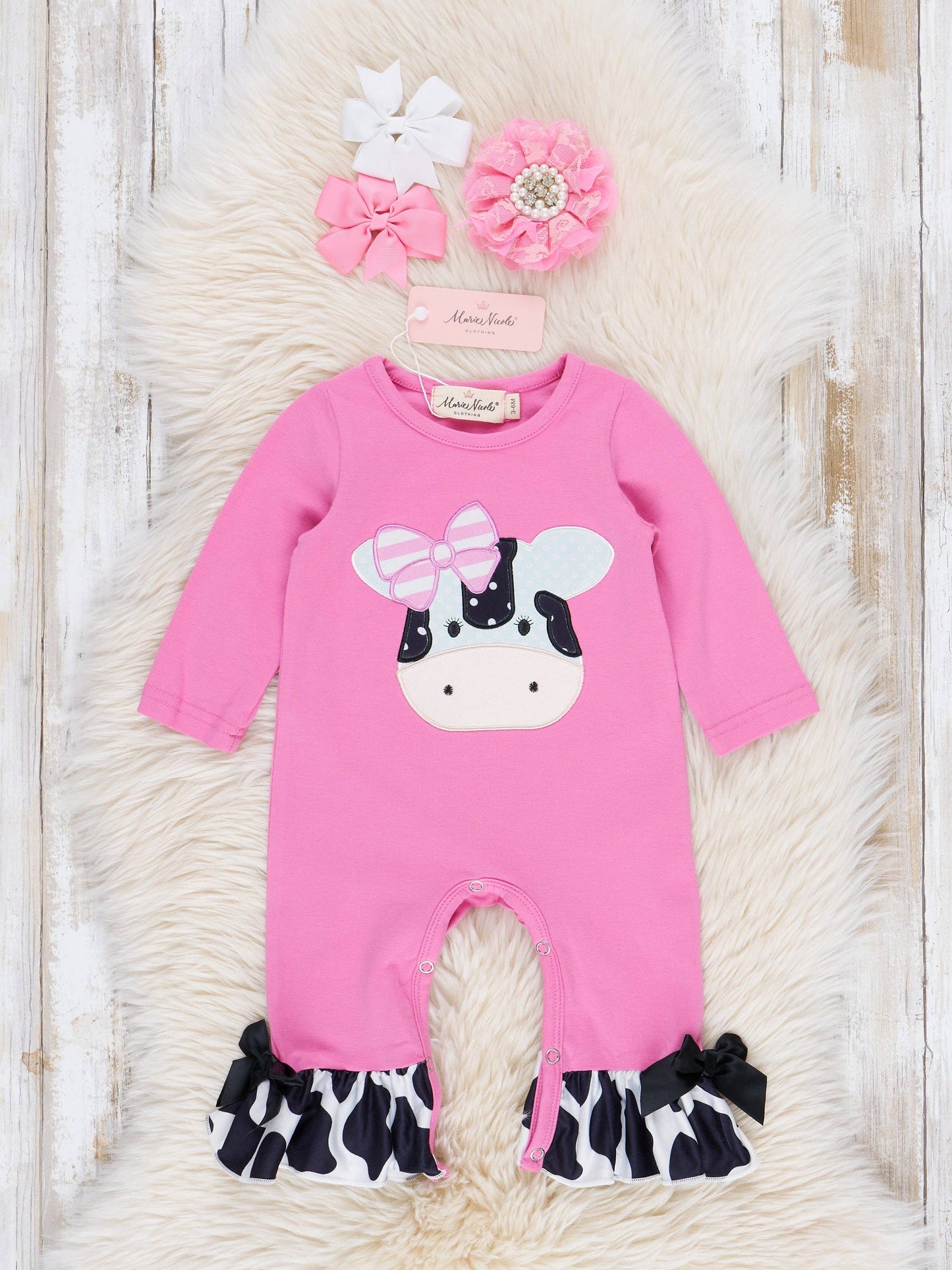 Lil’ Moo Ruffle Embroidered Cow Romper