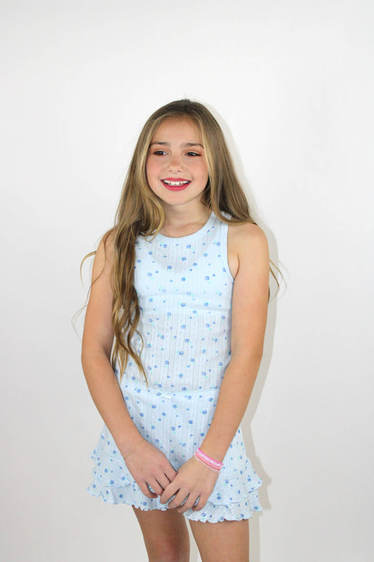 Light Blue All Over Ditsy Roses Print Shirt & Skort Set