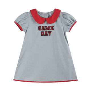 Gray dress with red collar and 'GAME DAY' text on a white background