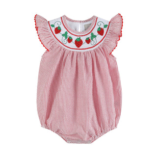 Red Seersucker Strawberry Smocked Girls Romper