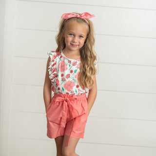 Coral Pink Floral Ruffle Summer Pocket Short Set