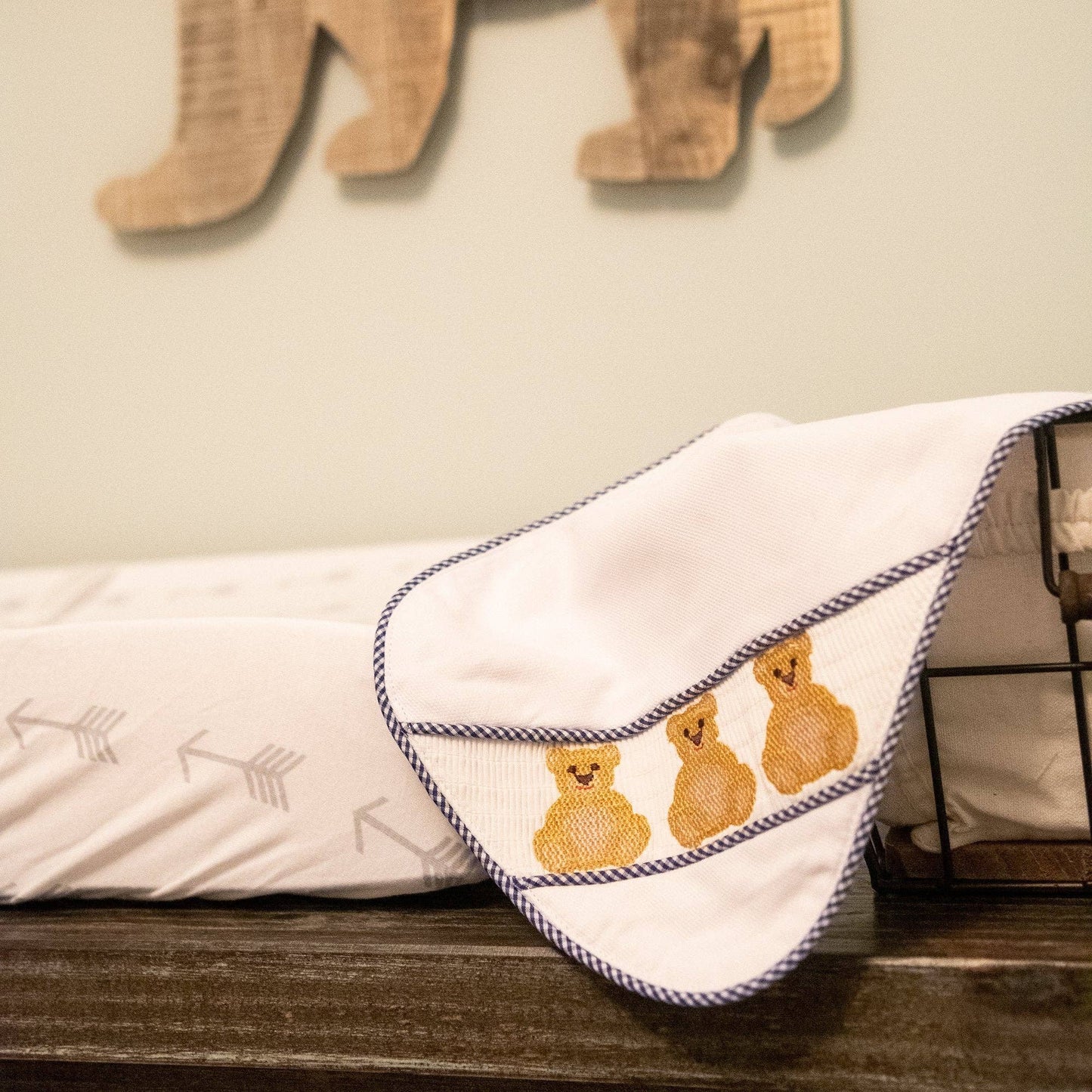 Navy Bear Smocked Burp Cloth