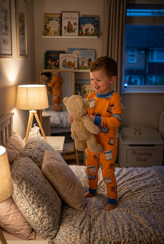 A young boy wearing orange and blue patterned pajamas stands on a bed holding a teddy bear in a warmly lit children's bedroom.