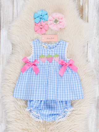 Gingham Embroidered Strawberries Bloomers Outfit