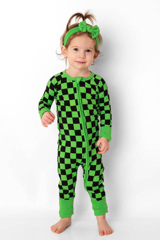 Green Checkers Bamboo Zipper Romper