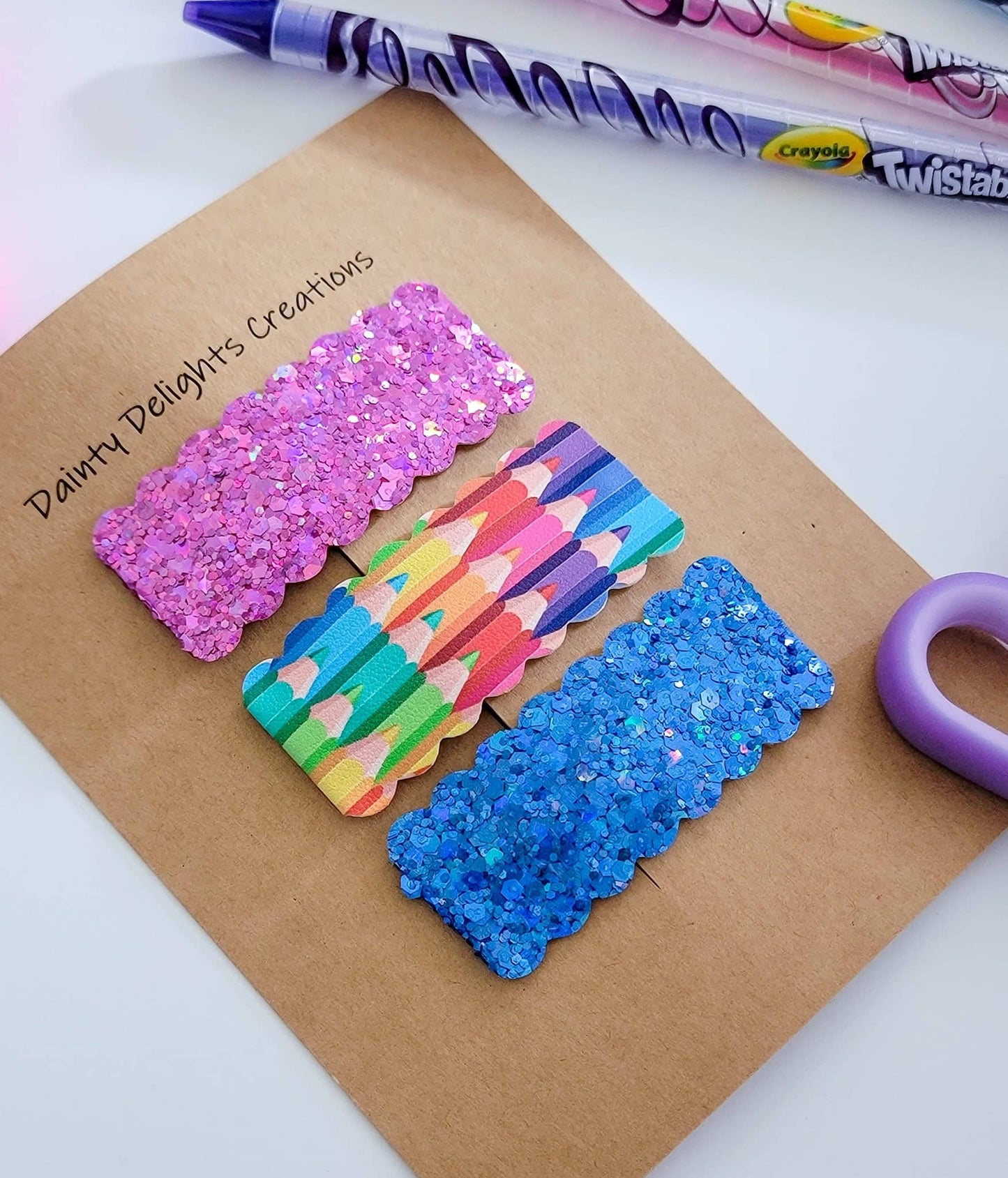 Colorful Pencils 2.5 inch Rectangle Scallop Snap Clip 3 pack