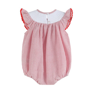Red Seersucker Strawberry Smocked Girls Romper