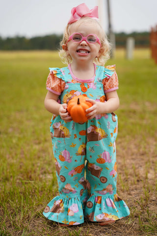 Pumpkin Harvest Girls' Fall Print Ruffle Leg Romper & Knit Blouse Set