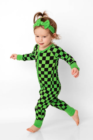 Green Checkers Bamboo Zipper Romper