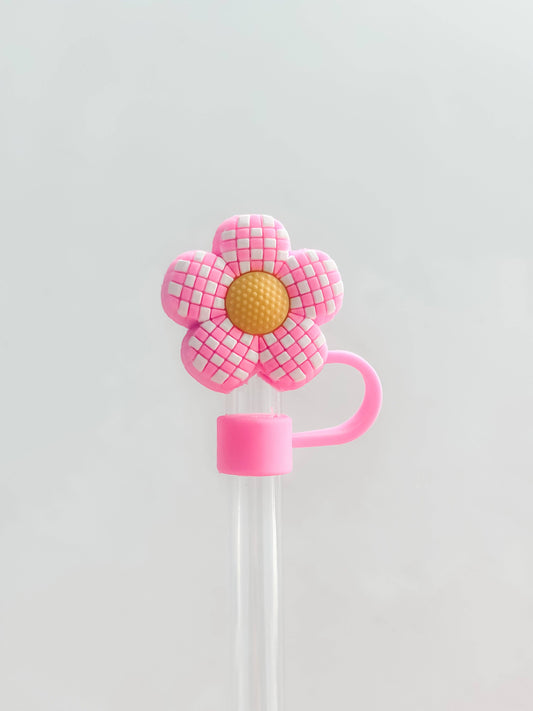 Pink Checkered Flower Straw Cover