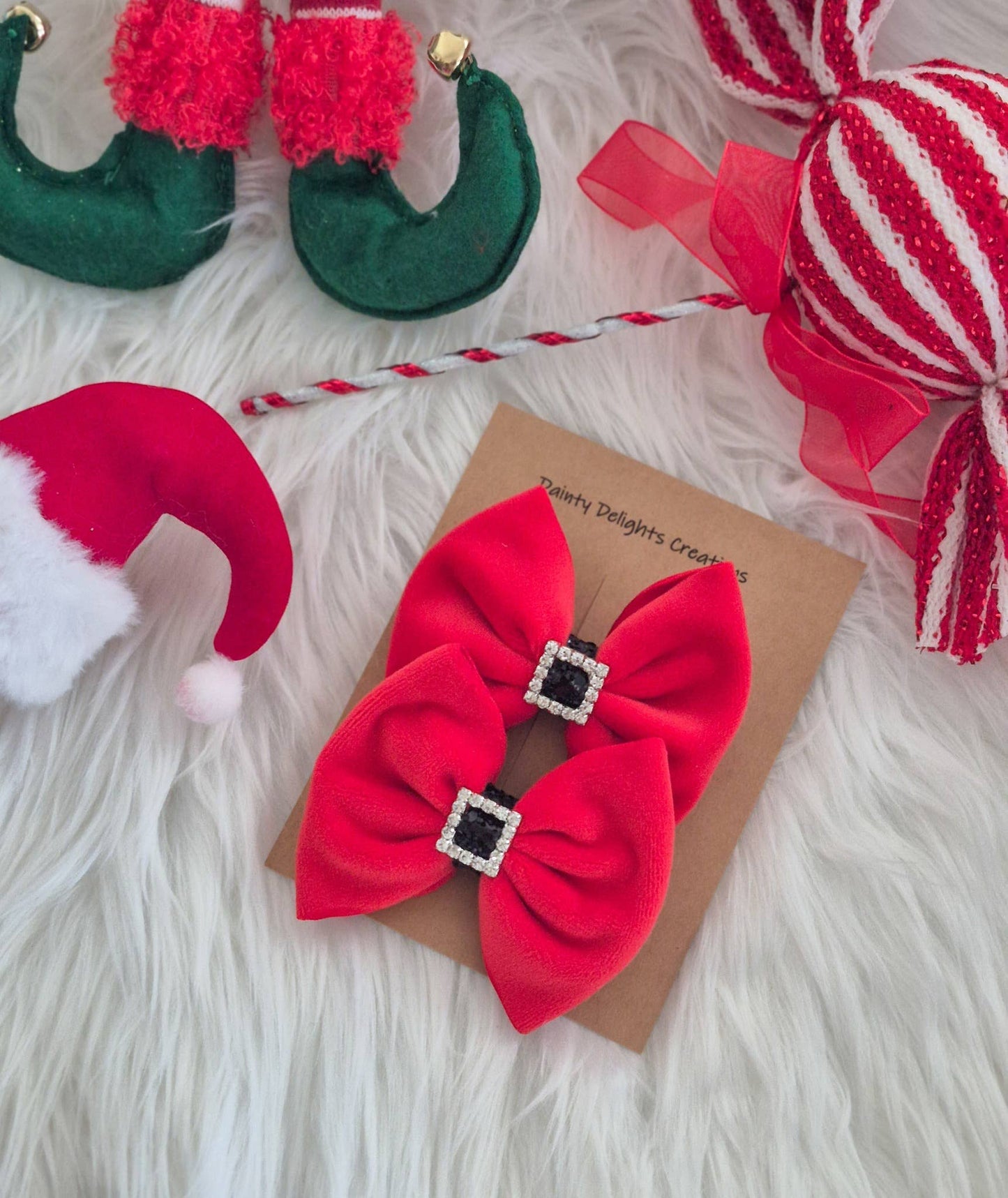 Red Plushy Velvet Santa Savannah Bow Piggies Set