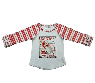 A children's long-sleeve raglan shirt with red and white striped sleeves and a white body featuring a vintage Santa 'Hot Cocoa' graphic on the chest.