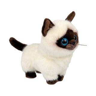 A plush toy kitten with a cream-colored body, dark brown ears, paws, and tail, and large blue eyes, isolated on a white background.