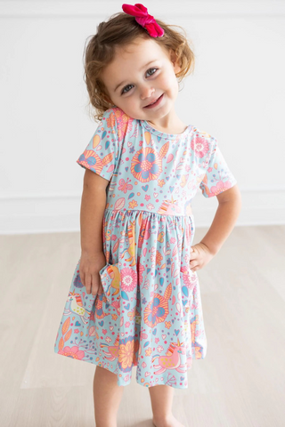 Blue Retro Unicorns Short Sleeve Pocket Twirl Dress