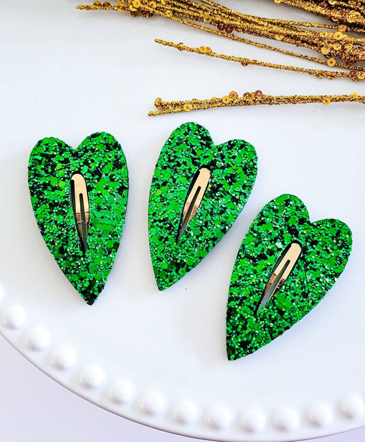 Heart Snap Clip-Classic Green Glitter