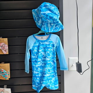 Blue Shark Long Sleeve One Piece Swim With Hat - Charlie's Project