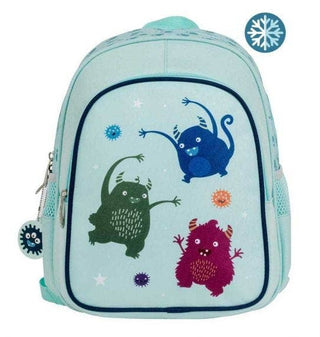 A lightweight blue-green backpack with an insulated front compartment featuring a design of colorful monsters. The backpack has adjustable shoulder straps and a front buckle, with additional side pockets for drink bottles.