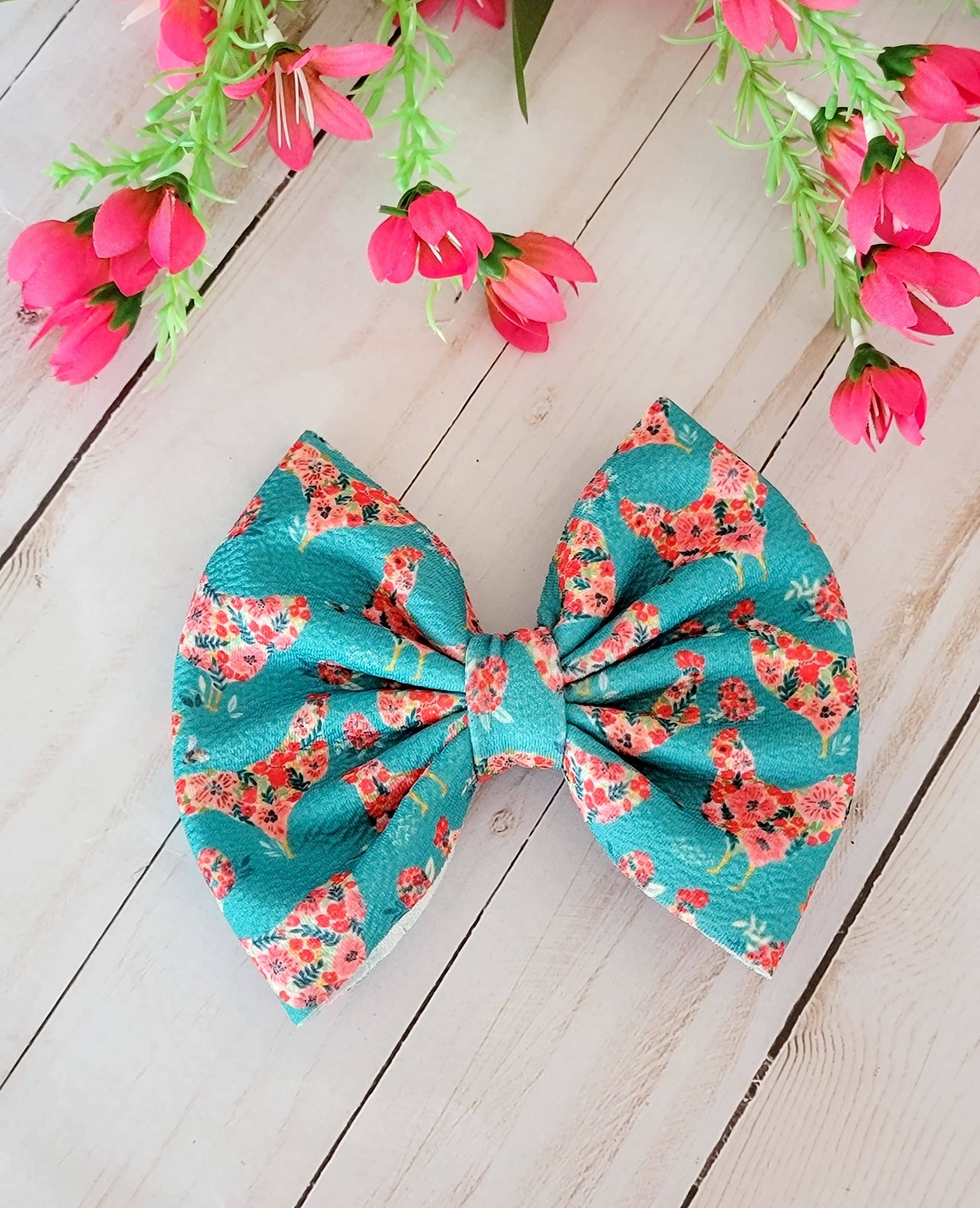 Floral Chicken on Teal Savannah Bow