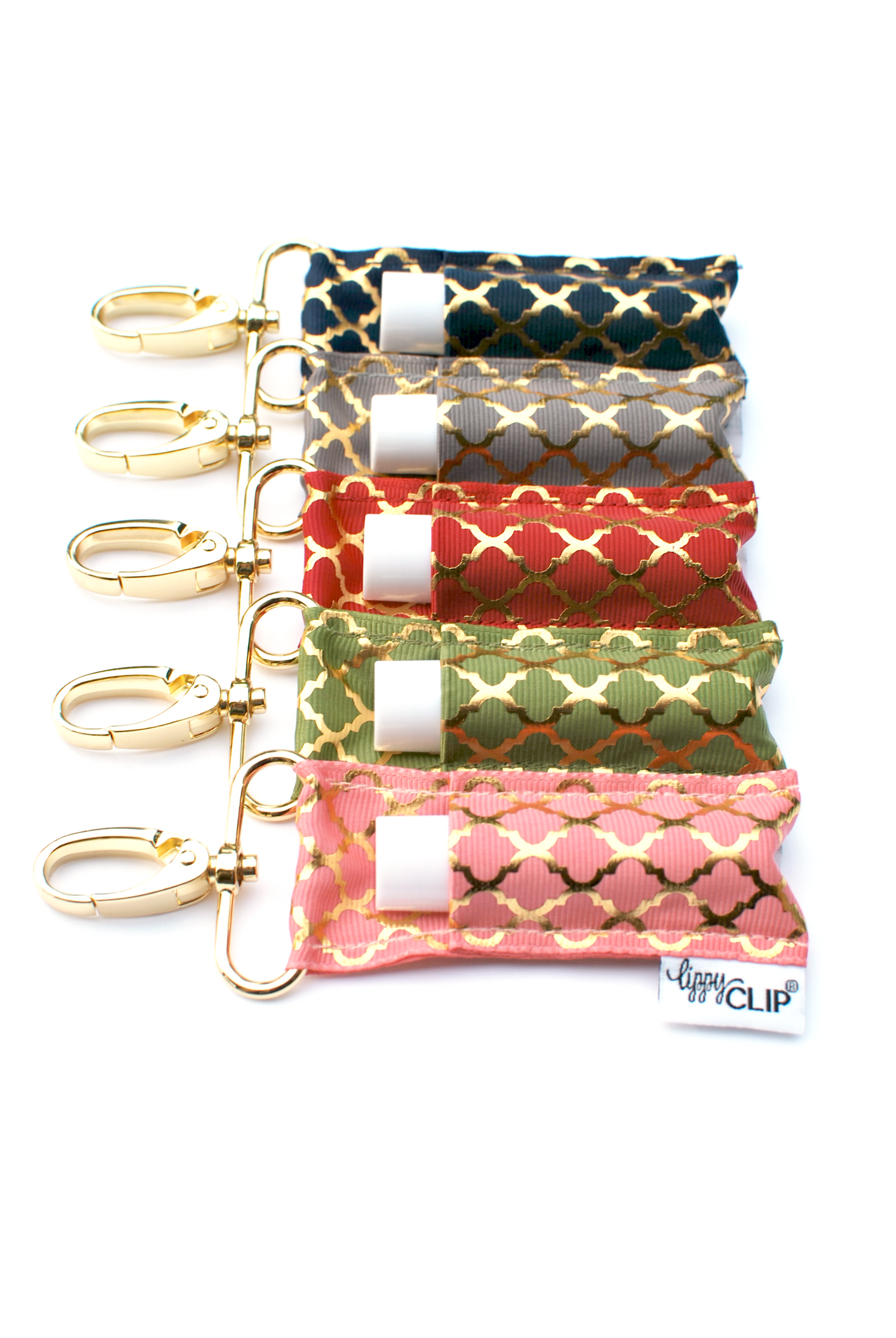 Gold Quatrefoil on Cranberry LippyClip® Lip Balm Holder
