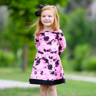 Girls Pink Black Tie Dye Long Sleeve Dress Kids Clothes