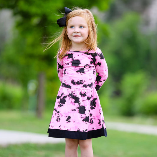 Girls Pink Black Tie Dye Long Sleeve Dress Kids Clothes