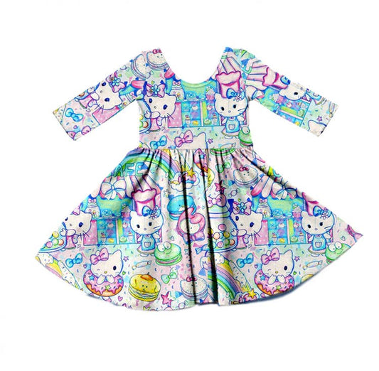 Blue Kitty Long Sleeve Dress