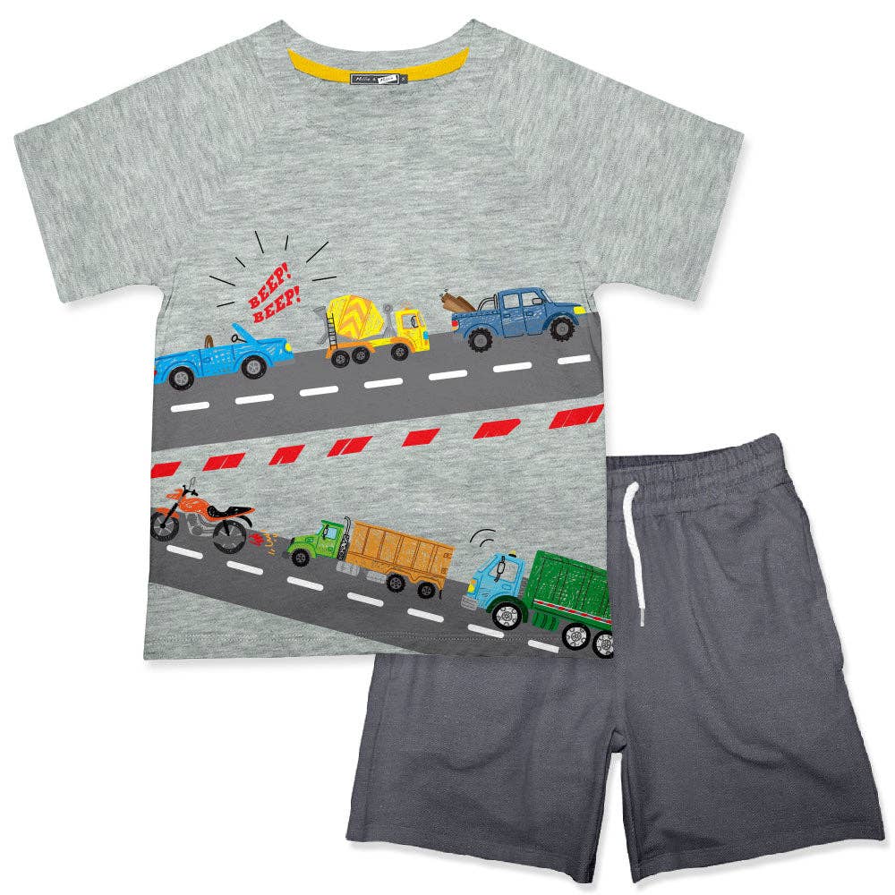 Boys Gray Transport Vehicle Tee & Drawstring Pocket Shorts