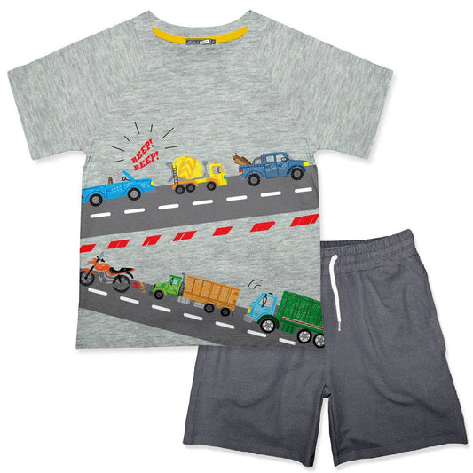 Boys Gray Transport Vehicle Tee & Drawstring Pocket Shorts