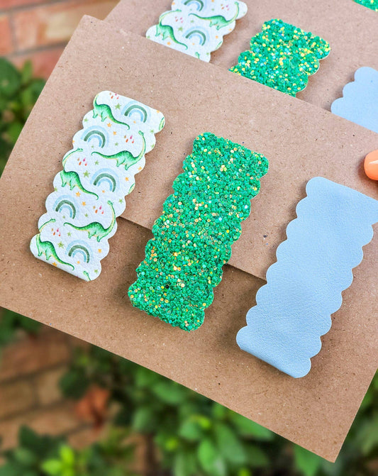 Brontosaurus & Rainbows 2.5" Rectangle Scallop Snap Clip 3pk