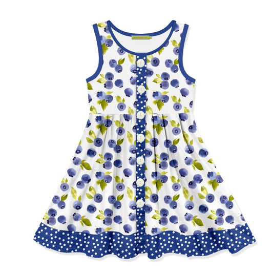 Girls White Blue Berry Sleeveless Button-Front A-Line Dress