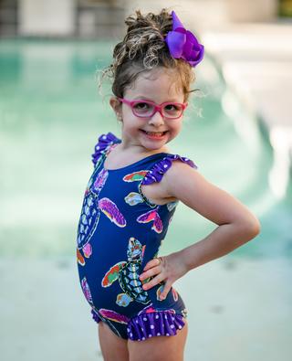 Navy Waterturtle Ruffle-Accent One-Piece - Millie Loves Lily