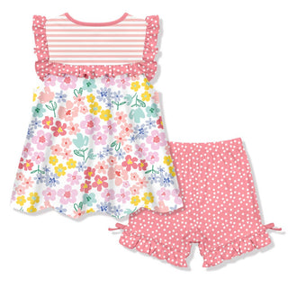 Pink Midtone Floral Ruffle Sleeveless Top & Bow Shorts