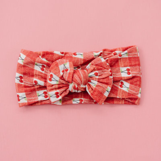 Summer Cherries Brushed Gingham Baby Bow Nylon Headband