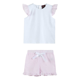 White & Pink Seersucker Top and Shorts Set