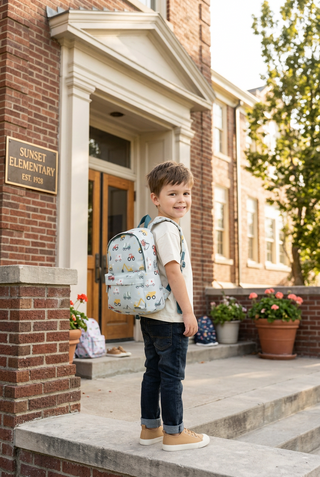 A young boy stands on the steps of a brick school building, wearing a light blue patterned backpack, a white t-shirt, dark jeans, and tan sneakers.