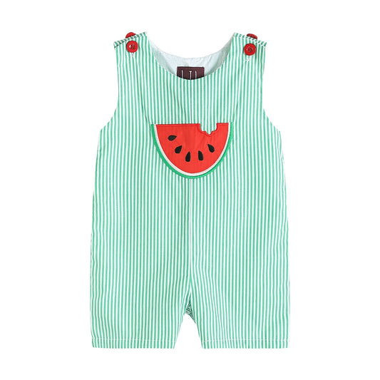 Green Stripe Watermelon Applique Shortalls