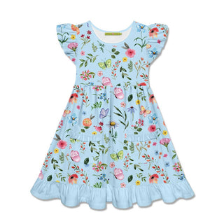 Ice Blue Floral Botanical Patch-Pocket Dress
