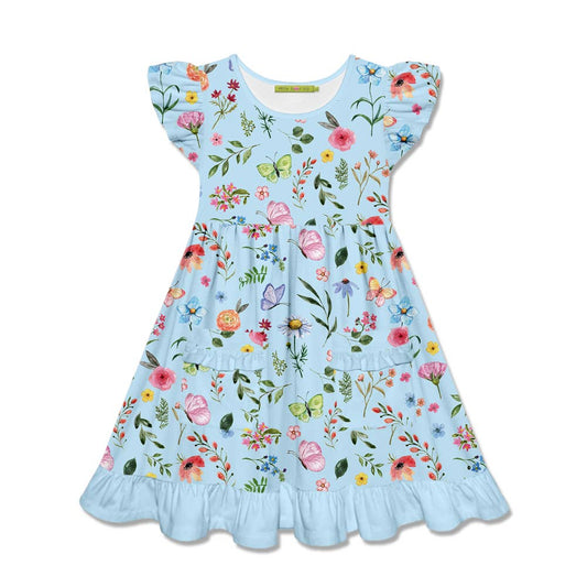 Ice Blue Floral Botanical Patch-Pocket Dress