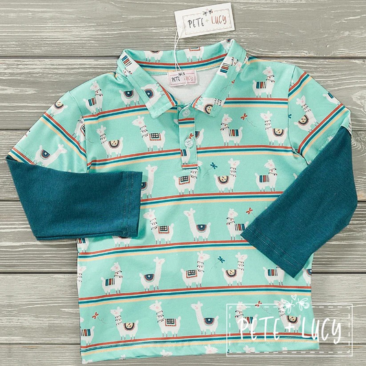 Happy Llama Long Sleeve Collared Shirt
