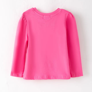 A bright pink long-sleeve top with puffed shoulders, laid flat against a plain white background.
