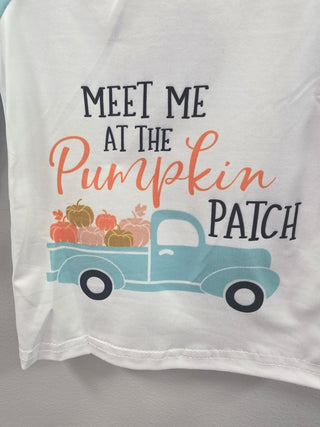 White pillowcase with 'Meet Me at the Pumpkin Patch' text and pumpkin patch design.