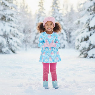 Child in a blue floral dress and pink pants standing in a snowy forest