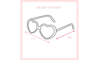 A simple line drawing of heart-shaped sunglasses with pink arrows and text showing dimensions of 5 inches, on a white background with a pale pink border.
