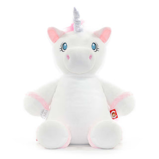 A white unicorn soft toy with a shiny horn, blue eyes, and a detailed snout. The toy is equipped with a unique zip design allowing for the removal of its stuffing.